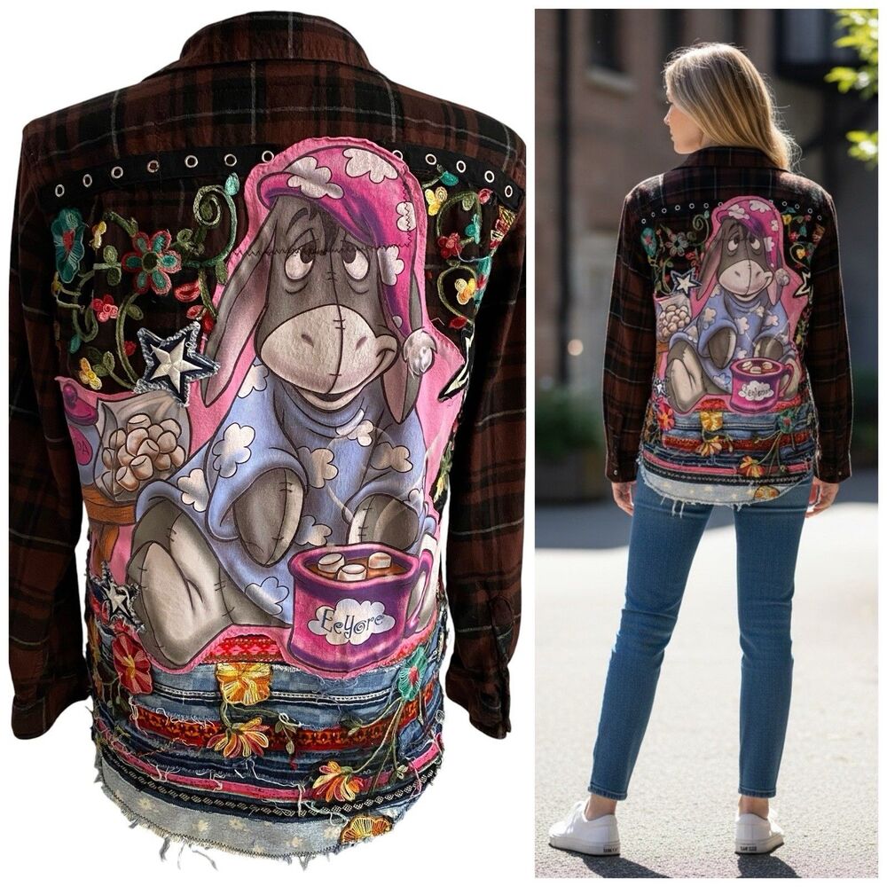 Upcycled Flannel Jacket Shacket Womens XL Eeyore Embroidered OOAK Kidcore